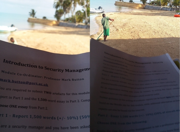 A photo of Peter studying on a remote Kenyan island beach whilst looking after a British family on holiday.